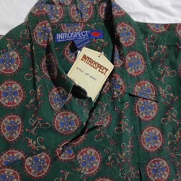VTG NWT INTROSPECT Men's Large Long-Sleeved Bold Pattern Button-Up Green Shirt - Picture 1 of 13